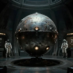 movie film still of a strange grimy metal sphere with lights in a round room with spiked walls, dark, science fiction, spaceship, spacesuit, highly detailed, 4 k, by david fincher