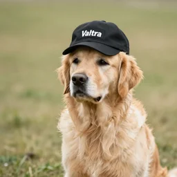 Golden retriever wearing a black caps that says Valtra