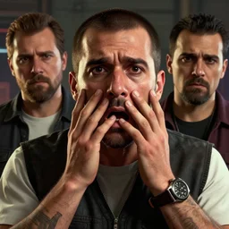 hyperrealistic mixed media image of info wars alex jones terrified in gta v, stunning 3 d render inspired art by xiang duan and thomas eakes and greg rutkowski, perfect facial symmetry, hyper realistic texture, realistic, highly detailed attributes and atmosphere, dim volumetric cinematic lighting, 8 k octane detailed render, post - processing, masterpiece,