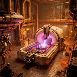 a rectangular rectilinear gigantic cnc machine with a glowing plasma core biomechanical giger star wars hallway interior mri machine millennium falcon space-station with massive piping inspired by a nuclear reactor submarine and maschinen krieger, ilm, beeple, star citizen halo, mass effect, starship troopers, elysium, iron smelting pits, high tech industrial, warm saturated colours