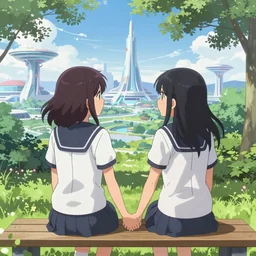 A manga key visual featuring two girls holding each others' hand, sitting on a bench in the park while looking at a futuristic landscape, beautiful, wallpaper 4K, pixiv, official media