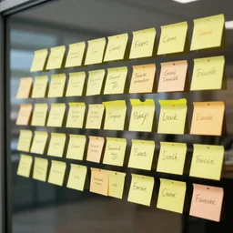 a wall of postit notes with product ideas on them posted on a large glass surface, colorful photography by steve mccurry