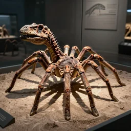ancient dinosaur specimen of a paleolithic spider, on display in a fossil museum