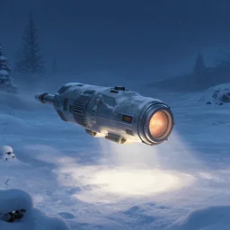 teleportation machine in a snowy landscape, light shining from the machine and illuminating the snow by brian froud