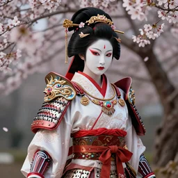geisha warrior ornated armor war paint, detailed, jewelry, sakura,photograph, award wining, red and white, trending on artstation,  4k, unreal engine 5, octane render, neon highlights