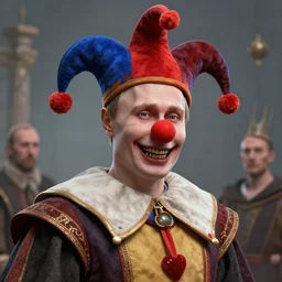 vladimir putin, medieval jester, court jester, fool, unga bunga, wearing clown nose, horror teeth, fantasy 3 d render, masterpiece, by donato giancola and greg rutkowski and wayne barlow and zdzisław beksinski, realistic face