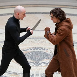 knife-fight duel between bald_hairless_Austin_Butler-dressed-in-black versus Timothee_Chalamet_dressed-in-brown-felt, on a mosaic floor, inspired by Dune 2020, detailed faces