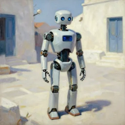 a robot standing in a greece square by thomas cole, detailed brush strokes