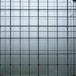 steel grid, transparent textile, glass, mist