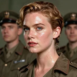 portrait of christina hendricks during ww 2. shiny, shiny - skin!! oily - skin, digital art by eugene de blaas, ross tran, and nasreddine dinet, vibrant color scheme, intricately detailed, in the style of romanticism, cinematic, artstation, greg rutkowski