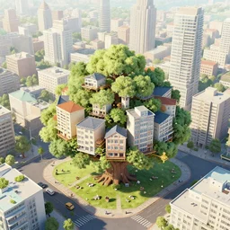 organic city, buildings on treehouse, street scene,, by greg rutkowski, top view
