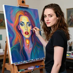 beautiful winona ryder, at her art studio, stands at her easel painting a psychedelic portrait of gwyneth paltrow as a vampire sea lamprey vibrant colors