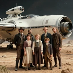 sharp, highly detailed, 9216k film, 17150mm film still from a sci fi blockbuster color movie made in 2019, set in 1860, of a family standing in front of their spaceship, on an alien planet, the family are all wearing 1860s era clothes, good lighting, in focus, 350mm f/1.4L lens