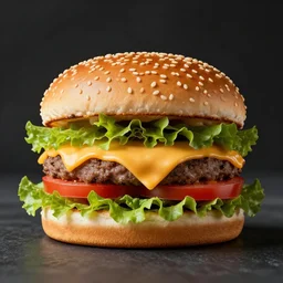 photorealistic cheeseburger with tomato, lettuce, melted cheese, sesame seed bun, studio light