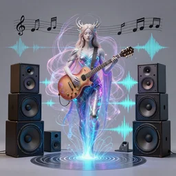 3 d goddess of music and 🔊 wide angle portrait with musical notes, bass speakers, tweeters, speaker stacks. music, wave frequency visualisation, cymatics. auditory symbiogenesis, synaesthesia, polyphonic communication, pulse projections, plasma, creature, artwork by tooth wu and android jones wlop and android jones and beeple and greg rutkowski