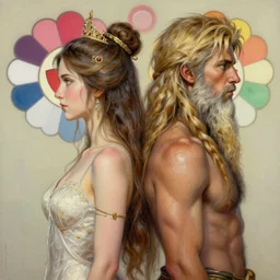 A very detailed aesthetic portraits painting titled 'The ancestor Gods' description 'Hera and Zeus posing back to back' by Takashi Murakami and Wayne Barlowe, Trending on cgsociety artstation, 8k, masterpiece, highly detailed.