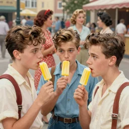 a painting of three teenagers with rockabilly haircuts holding yellow popsicles and looking at women in the streets in the 1 9 5 0 s high details