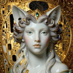 face centered portrait, artwork by james jean, hyperdetailed realistic smooth polished porcelain, beautiful cat queen, jean delville, art nouveau, gustav klimt, ornate metal gothic icon with heavy patina, james jean, ultrasharp hyperdetailed photorealistic octane render, otherworldly, visionary, ethereal, mythology