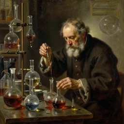 in the styles of Thomas Eakins, Adolph Friedrich Erdmann von Menzel, Vasily Surikov , H.R. Giger. An old alchemist working in dusty old laboratory with flasks and glassware and spilling substances, oil painting, by Greg Rutkowski. Hyper-realism, chemistry, caustics, liquids, acids