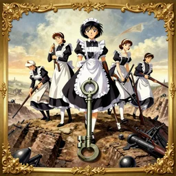 anime key visual of maids going over the top, old bolt action rifles, official digital media illustrated in style of classical baroque, 1 9 1 8 colorized footage of the great war, trenches bombs, trending on artstation