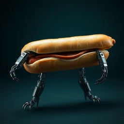 a bionic sausage roll with arms and legs, realistic, detailed, cyberpunk