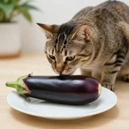 a cat eating an eggplant on a plate, realistic, 8 k