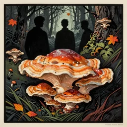 lost and happy souls, by noah bradley, by gediminas pranckevicius, by james gilleard, dark shadows, autumn, woodblock, split - complementary - colors, polished, tremella - mesenterica, mycena acicula, a touch of magic