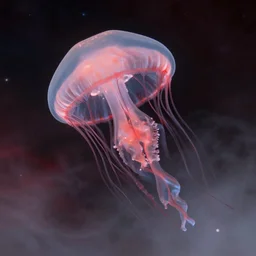 Macro photo of a translucent jelly fish, nebula, cosmos, fog, photorealistic, redshift, volumetric lights