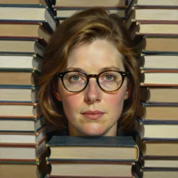 head and shoulders portrait of a woman with light brown hair and glasses in front of high piles of books. beautiful painting by norman rockwell and raymond swanland, beautiful detailed face.