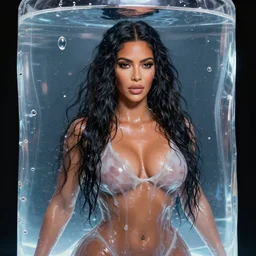 epic still of a kim kardashian with trapped in a transparent alien liquid, wet flowing hair, gooey skin, illustration, unreal engine 5, 8 k, made by h. r. giger