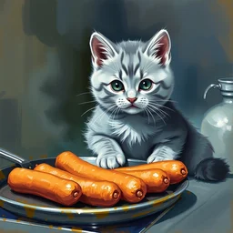 beautiful impressionist painting of blue british - shorthair kitten cooking some sausages on a pan
