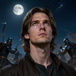epic cinematic artwork of commander in his late twenties, clean shaven with medium long brown hair and green eyes, looking up at to the starry night sky as a warriors fight in battle around him by greg rutowski, 4 k, masterpiece, moonlight