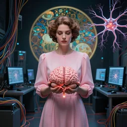 symmetric, a woman in a pastel pink dress holding a brain and neurons, in a room full of wires and computers and neural networks, dark sci - fi, ai, 4 k realistic, artem demura. alphonse mucha, gustav klimt.