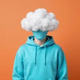 a person wearing a cyan hoodie with a white cloud in place of the head, in front of an orange background