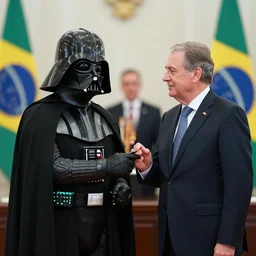 photography of darth vader meeting with brazilian diplomats to make a peace deal, 4 k, highly detailed, blur background