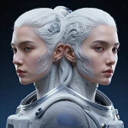 portrait of yael shelbia and kang seul - gi, astronaut, symetrical facial, white hair, intricate design details. cyberpunk, touareg, by ruan jia, weldon casey, christophe vacher. smooth gradients, deep space.