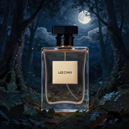 giant perfume bottle in dark leaves and enchanted forest surreal photography, dark night, stars, moon light, impressionist painting, clouds, hyper - realistic, simon stalenhag