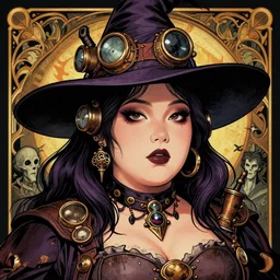 a detailed portrait illustration of a steampunk witch. beautiful obese asian female face. goth aesthetic. art nouveau, pop art, comic book style. influenced by neil gaiman, h. p. lovecraft, dan mumford, karol bak, tim burton, killian eng, ross tran, cedric peyravernay.