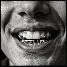 close up man's shiny silver teeth grills, gritty grainy black and white expired film photograph, experimental vintage