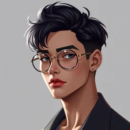 portrait of a cute androgynous young man with black hair and round gucci glasses, gg 0 2 9 7 ok, heart shaped head, detailed face, clean shaven, elegant digital art by beeple, trending on artstation