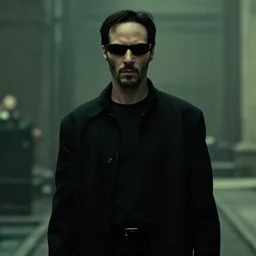 Medium shot of a typical character in the style of The Matrix