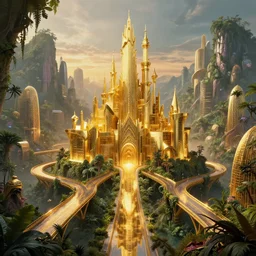 futuristic shinny golden castle in a mountain with jungle cityscape surrounded by sculpted roads by frank gehry, golden buildings bridges with creepy overgrown vegetation at castlevania, golden buildings by santiago calatrava and zaha hadid, glowing reflections, at dusk, octane render redshift unreal engine, composition by mike mignola, rule of thirds, movie poster, front view, central perspective, artstation behance cgsociety weta workshop ilm framestore,