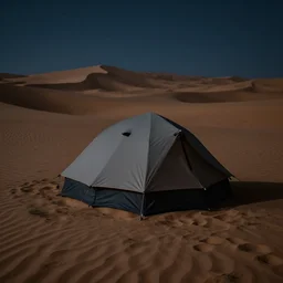 hyper realistic matte painting of a small tent in the desert with dunes at midnight, dark color scheme, artstation