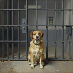 dog holding a key in mouth, in front of jail, wide angle, realism, old painting, oil painting, oil in canvas
