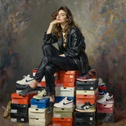A ultradetailed beautiful portrait panting of a stylish woman sitting on top of a pile of sneaker boxes, Oil painting, by Ilya Kuvshinov, Greg Rutkowski and Makoto Shinkai