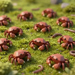 large group of crabs and worms, crawling along a bed of moss, low poly, creeper world, handcrafted, artstation, hyperrealistic, hard light, best practices, creeptastic, photorealism, macro perspective, cuddly, Voidless of the Festival!, The Graveyard!!