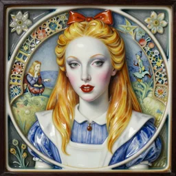 delicate ceramic oil painting artnouveau alice in wonderland as a vampire portrait extremely realistic and detailed in style of remedios varo and davinci and in style of rene lalique fine details and sharp focus realistic 8 k