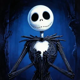jack skellington, in the style of beksinski, blue, black, vibrant, chiaroscuro, high detail, perfect artwork, clean lines
