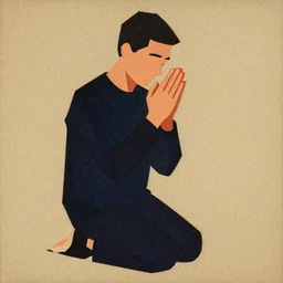 painterly textured simplified woodblock print, image of a man praying, full body portrait, film grain 1 9 6 0 s - 7 0 s art low poly character painterly design
