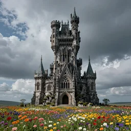 A very intrincated and ominous tall castle stands in the middle of an plain covered with colorful flowers